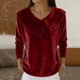 thumbnail image 2 of Women's Sparkly Velvet Solid Tops Elegant Asymmetrical Shawl Collar Neck Long Sleeve Shirts - Casual Ruched Velour Lightweight Warm Work Blouse - Spring Fall Winter Dressy Casual Blouses Wine XXL, 2 of 5