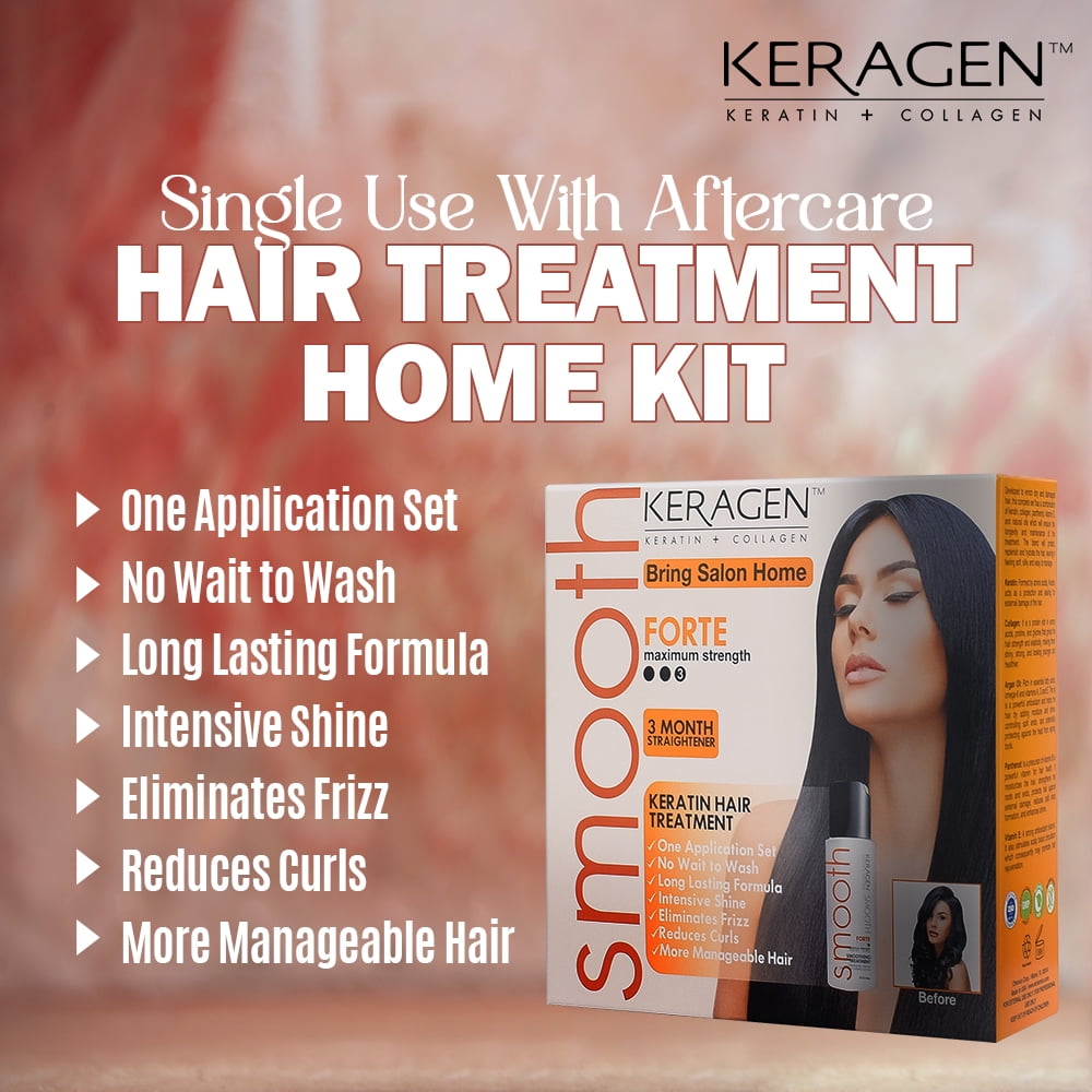 Keragen - Brazilian Keratin Hair Smoothing Treatment Express Home Kit - Blowout Straightening System, with 2 Oz Forte Treatment, 2 Oz Clarifying Shampoo and Aftercare Samples