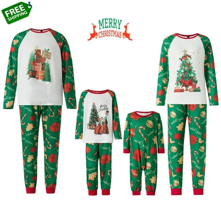 

Christmas Pajamas For Family Long Sleeve Tree Print Tops with Elastic Waist Pants