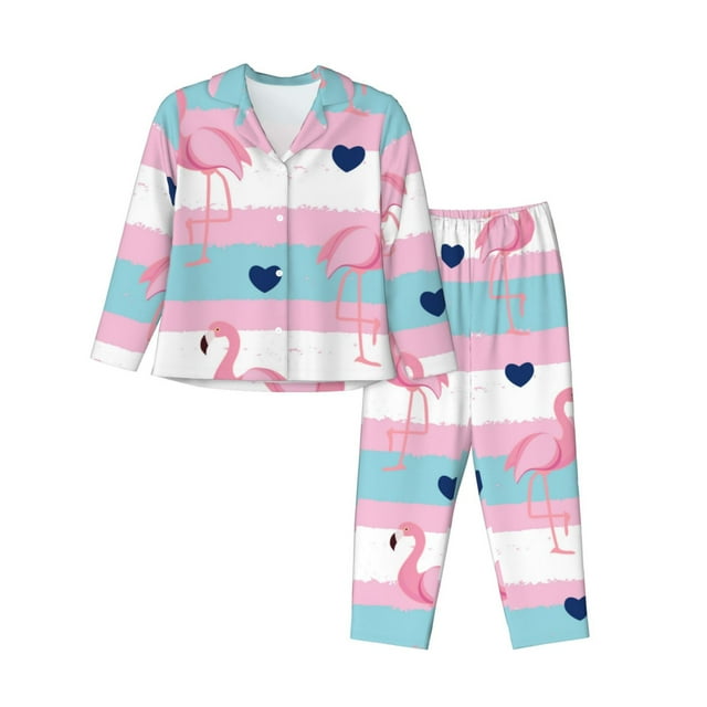 Kdxio Flamingo1 Print Womens Pajamas Set Button Down 2 Piece Pjs Long Sleeve Oversized Sleepwear with Pockets-Medium
