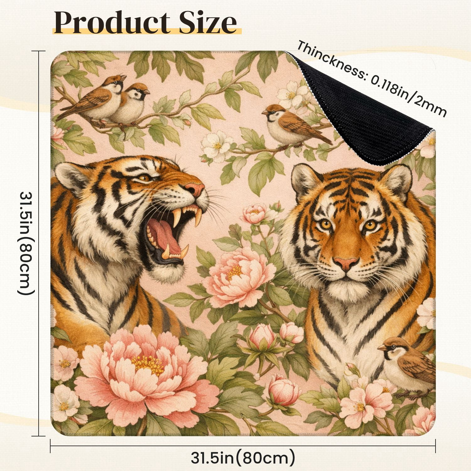 Mahjong Mat 31.5" x 31.5" Majestic Tigers Blooming Peonies Birds Floral Garden Non-Slip Noise Reduction Mahjong Tiles Table Cover for Dominoes Poker Card Board and Tile Games