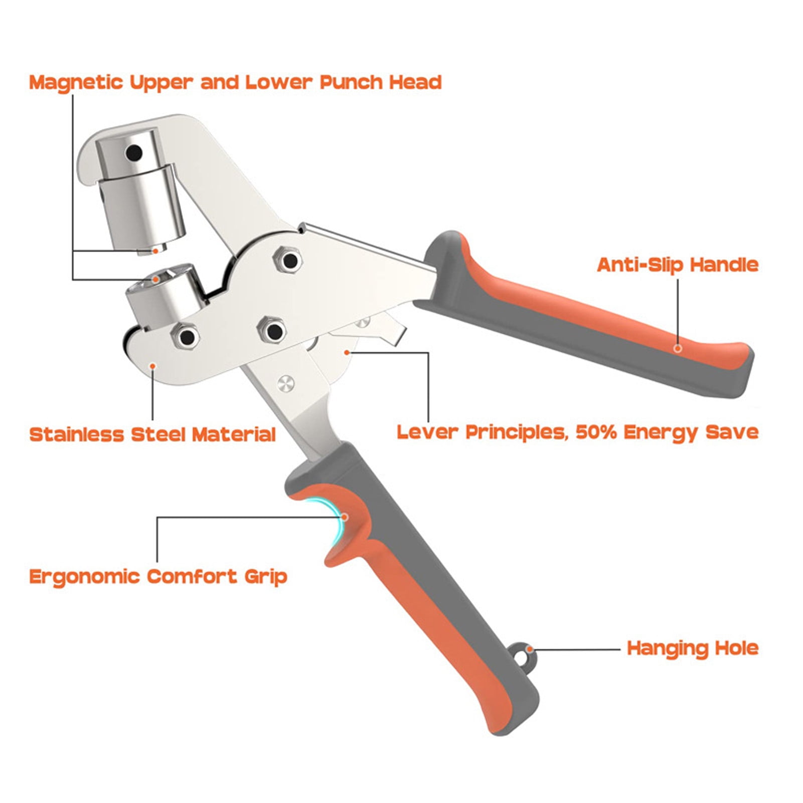 Nieyigj Grommet Kit 3/8 inches / 10.5 mm Fabric Handheld Hole Punch Pliers Press Tool Orange Gray with 500 Set Silver Grommets Eyelets for Tarps Tents Heavy Duty 2.2 lbs / 1 kg