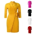 thumbnail image 2 of PADFRYBK Fall Tunic Dresses For Women Casual Pleated Belted Dress V-Neck Dress Solid Color 3/4 Sleeve Dress, 2 of 9