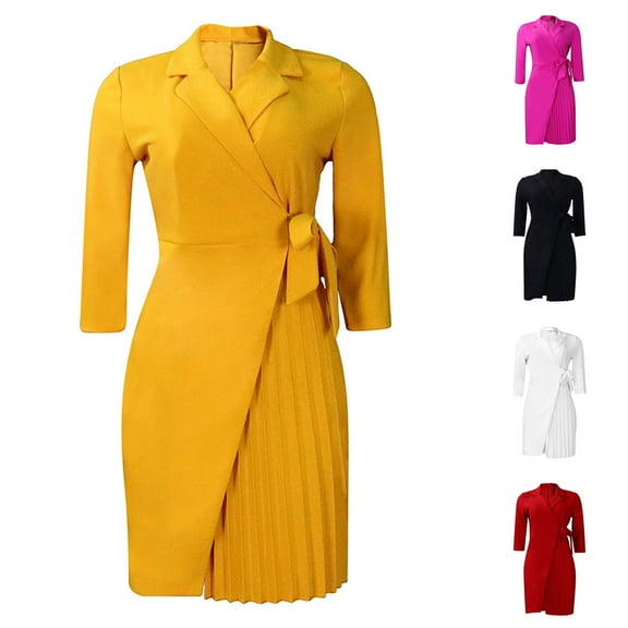 safuny Women's Mini Suit Coat Dress Solid Color Pleated Holiday 3/4 Sleeve Lapel Button Trendy Dresses Elegant Cocktail Wedding Evening Party Black S