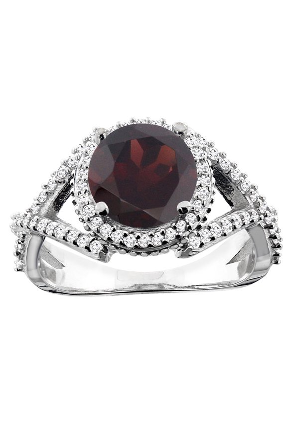 14K White Gold Natural Garnet Ring Round 8mm Diamond Accent, size 9.5