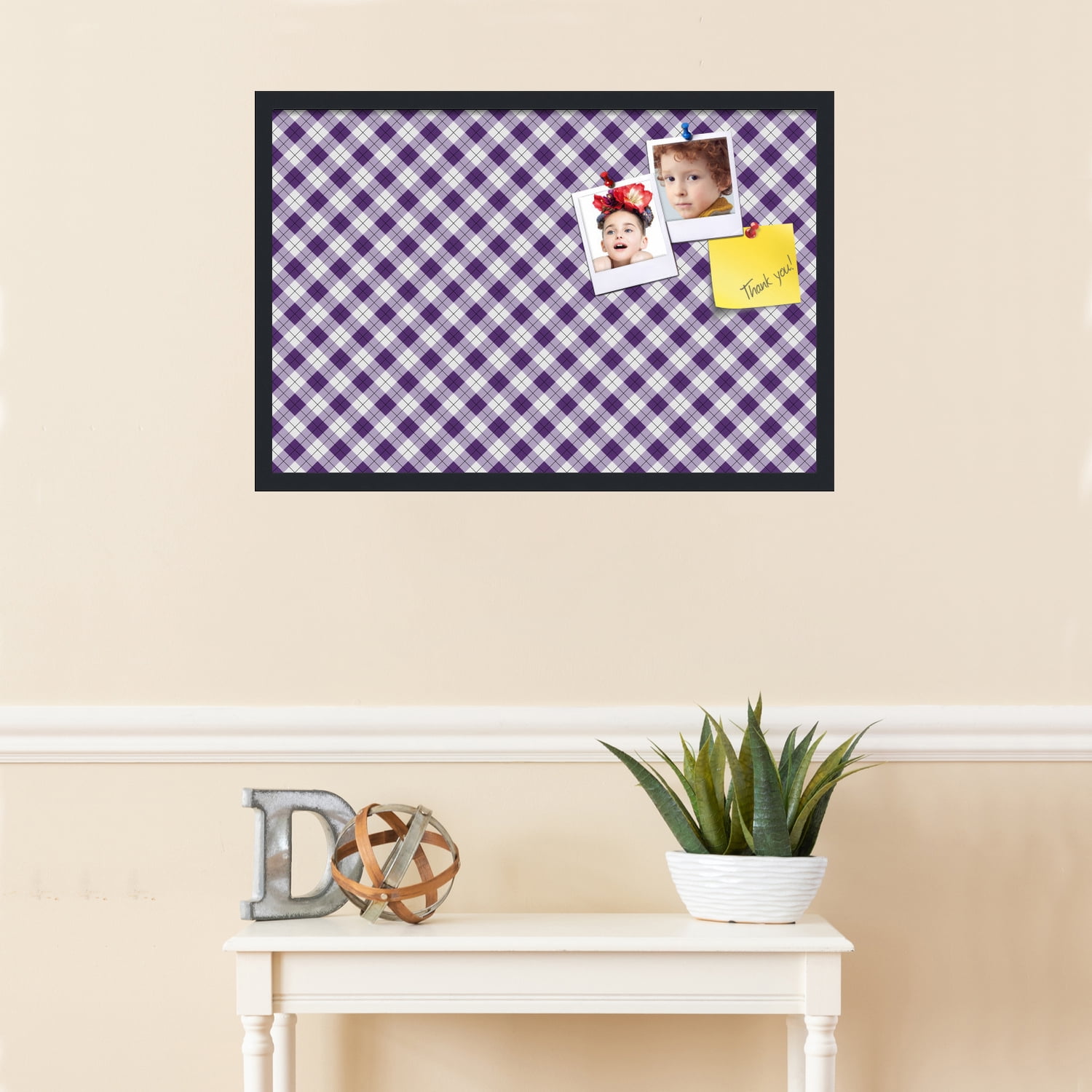 PinPix ArtToFrames 28x18 Custom Cork Bulletin Board Argyle Purple   Poster Board Has a Fabric Style Canvas Finish, Framed in Satin Black (PinPix-633)