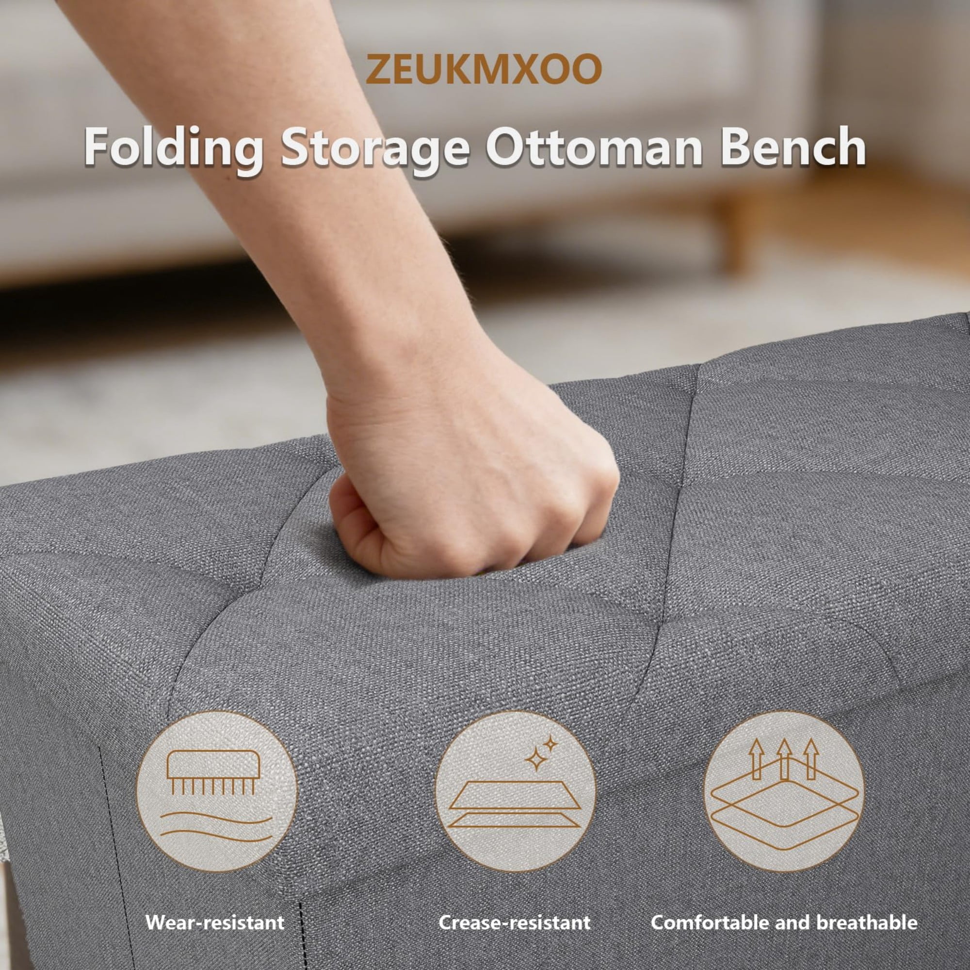 30" Storage Ottoman Bench, Folding Storage Bench Ottoman with Lid, 400 lbs Capacity, Fabric Footrest Seat for Bedroom Living Room Entryway, Grey