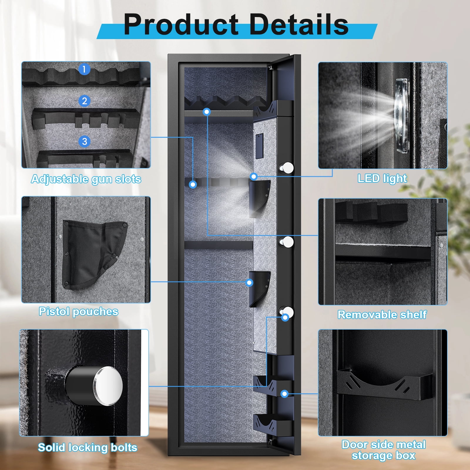 Gun Safe, Biometric Fingerprint 3-5 Long Gun Safes for Guns and Pistols, Quick Access Gun Storage Cabinets for Shotguns with LED Light & Removable Shelf