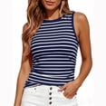thumbnail image 2 of Women's Contrast Striped Slim Fitted Tank Tops Ribbed Knit Round Neck Side Ruched Sleeveless Shirts Summer Blouses Casual Daily Outfits ,XXL,Navy, 2 of 5