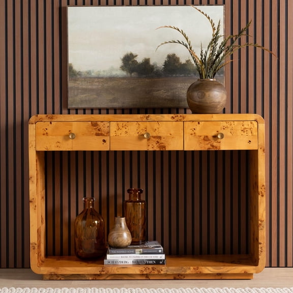 bali & pari Netra Modern Console Table, 3-Drawer, Light Mappa Burl