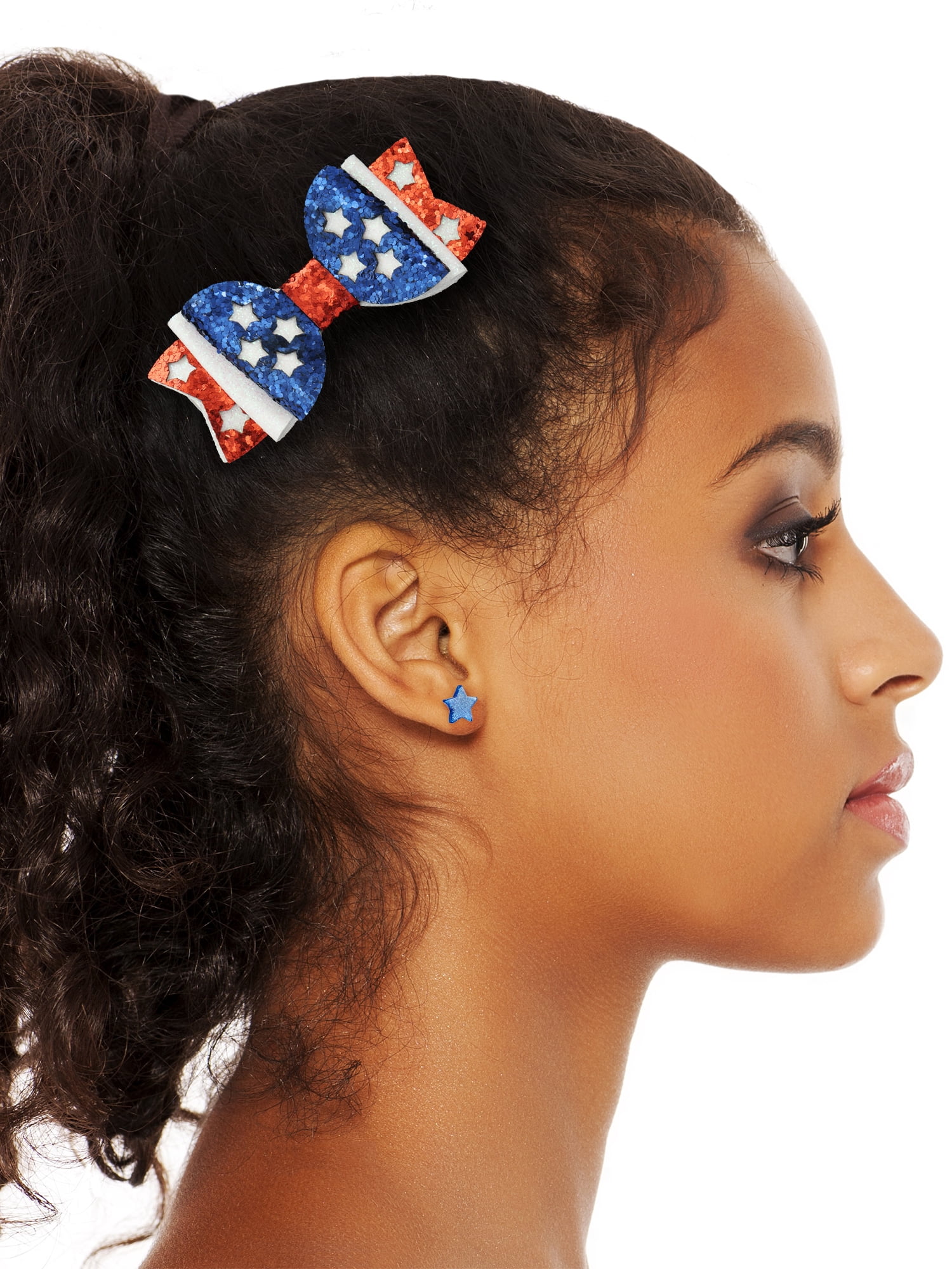Way to Celebrate Americana Hair Bows With Star Stud Earrings, 2 Piece Set