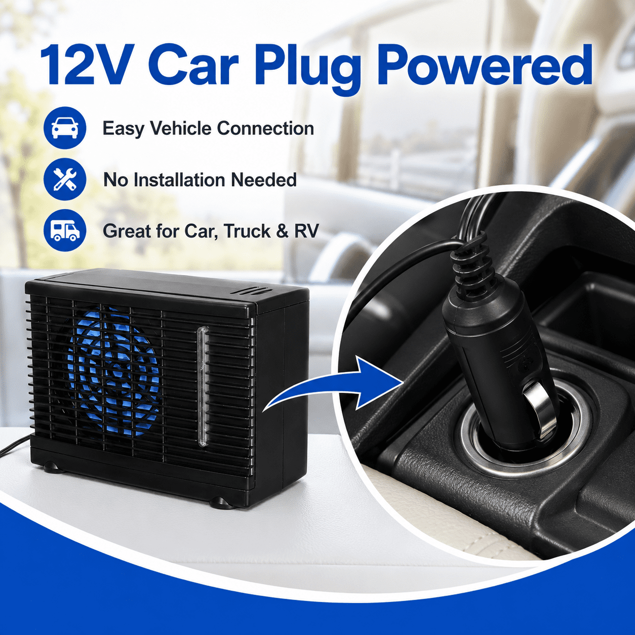 Portable Car Air Conditioner Fan 12V Evaporative Cooler Mini Conditioner For Car Truck Rv Camping Low Noise 2 Wind Levels 7.9X3.7X5.9In