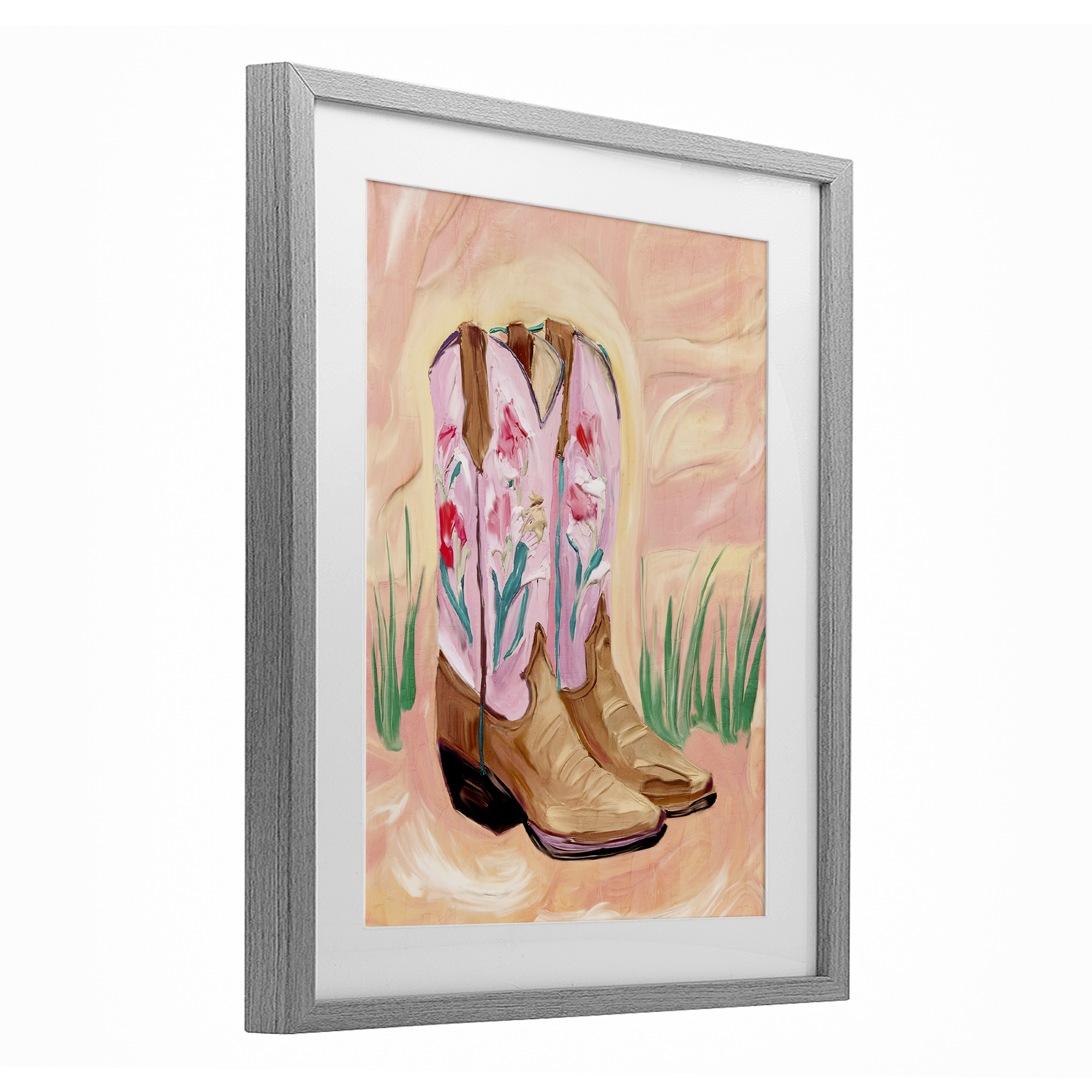 Floral Pinks Boots Gray Framed Print Under Glass, design by Kim Allen