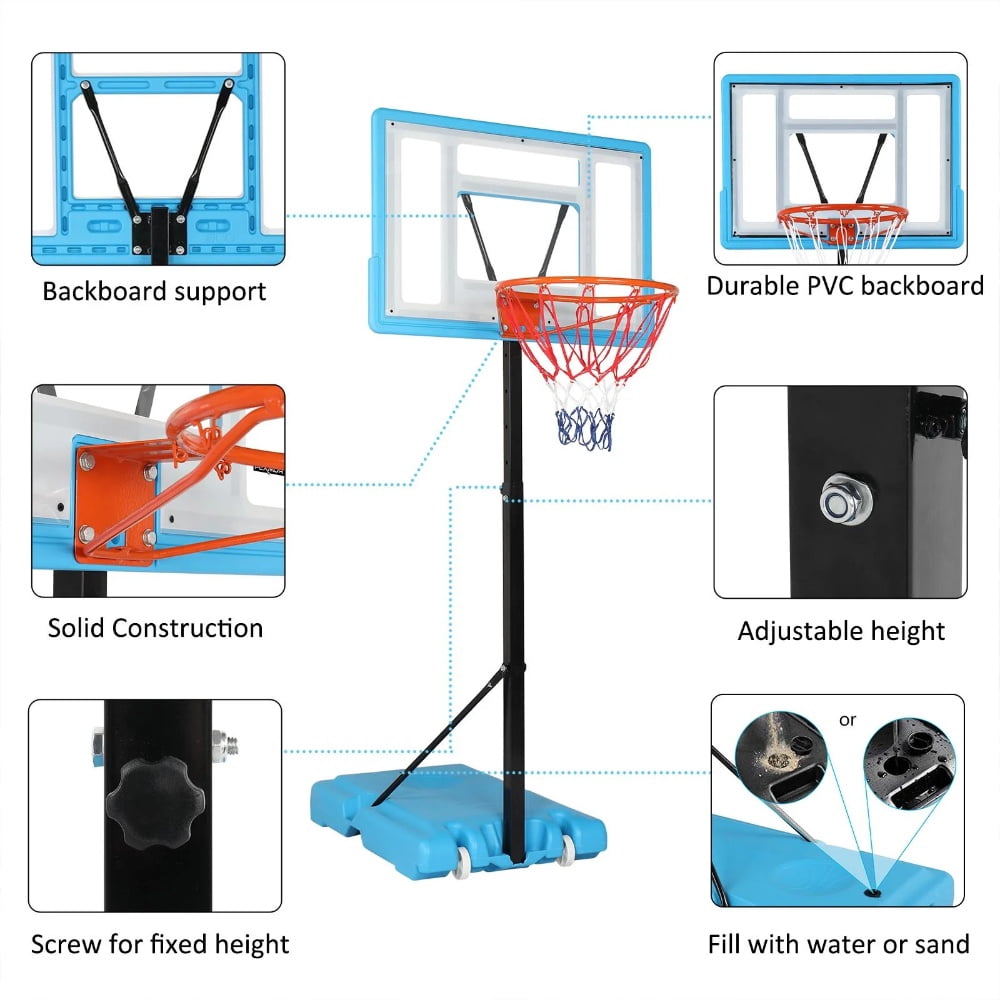 Tcbosik Pool Basketball Hoop, 45.2" - 53.1" Height Adjustable Swimming Pool Basketball System with 32"x 23" PVC Backboard & Basketball Net for Adults, Blue
