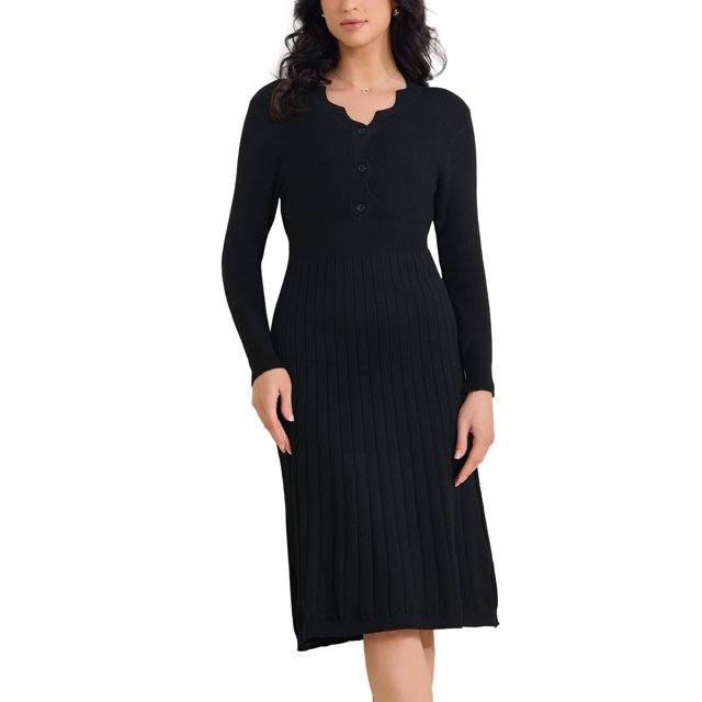 Vestido de punto acanalado de manga larga para mujer INSPIRE CHIC, escote en V, suéter ligero, elegante, vestido plisado, color negro