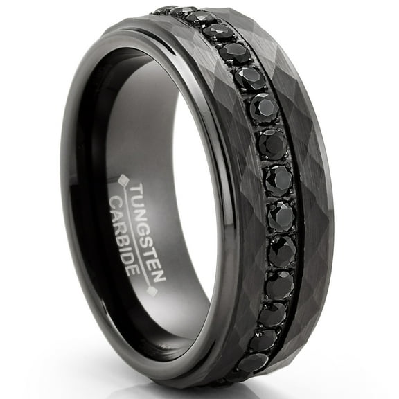Metal Masters Mens Tungsten Carbide Black Hammered Wedding Band Eternity Engagement Ring Cubic Zirconia Comfort-Fit 8mm