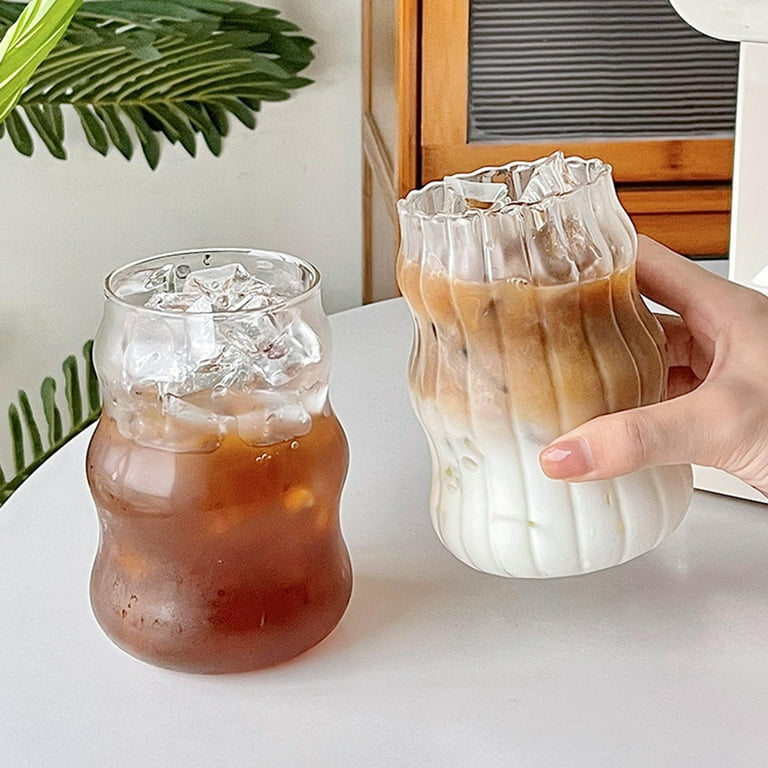 Glass Cups with Lids and Straws, 12 oz Iced Coffee Cup for Coffee Bar  Accessories, Ribbed Glasses Drinking Set of 4, Glass Tumbler with Straw and  Lid for Home Decor, Christmas Gifts
