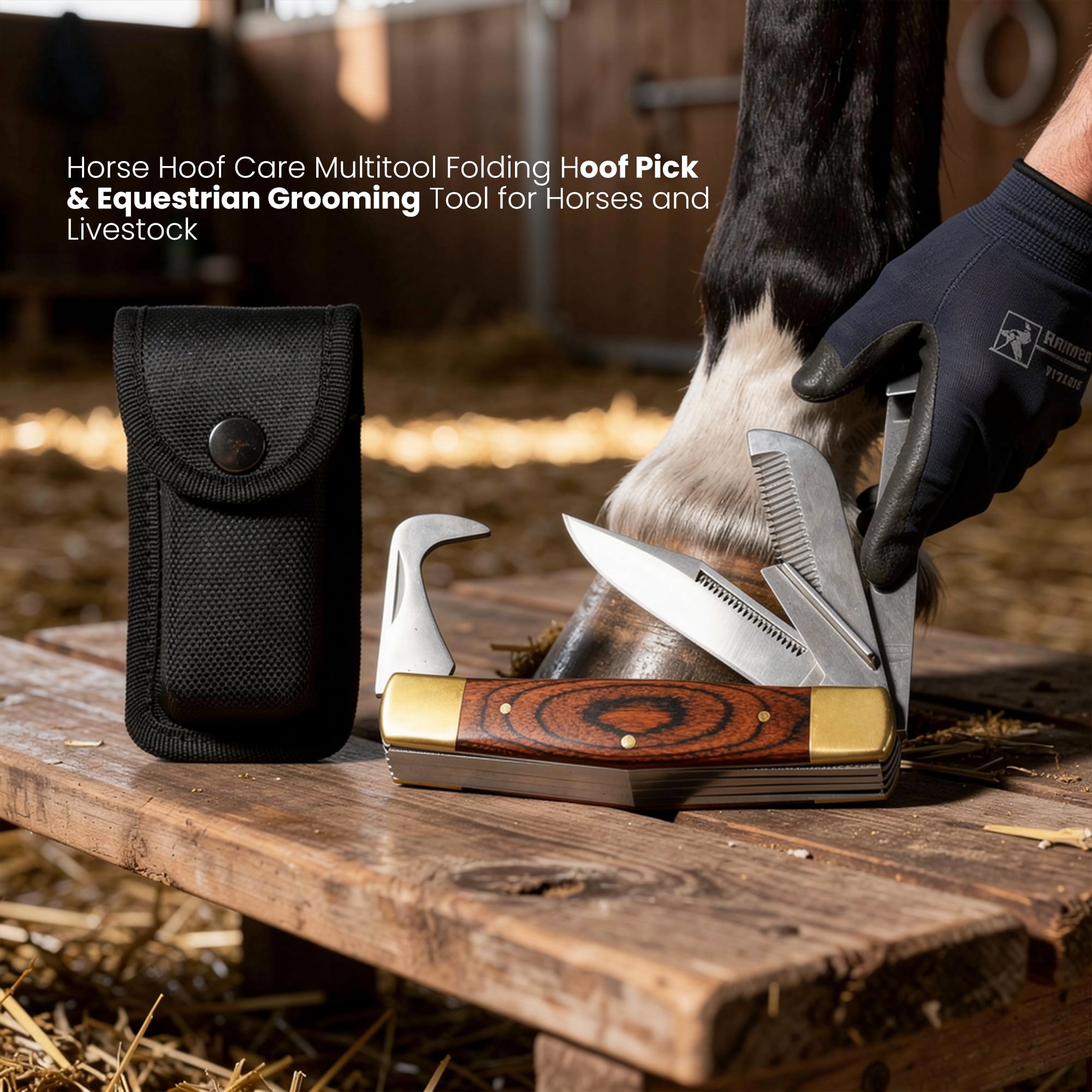 Rite Edge 4 Inch Rancher’s Horse Hoof Multitool Stainless Steel Hoof Pick Knife with Wood Handle, Hair Thinning Blade & Nylon Sheath