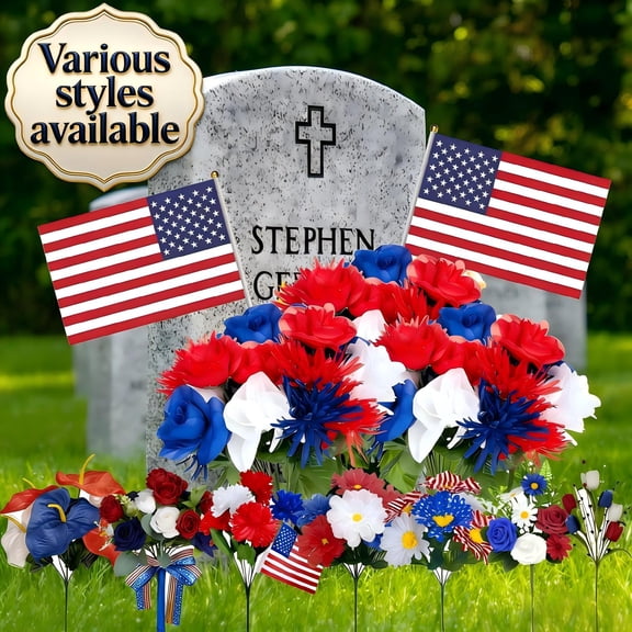 3PCS 4th of July Artificial Red White Blue with Flags Flowers Bouquet Memorial Day Cemetery Flowers for Grave, Home Decor Indoor, Kitchen Table Centerpiece, Wedding, Party Décor