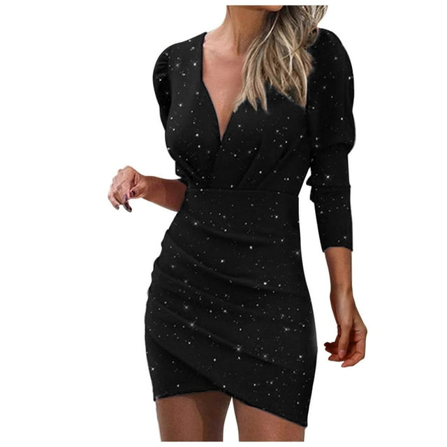Robe à Manches Longues pour Femmes Décolleté en V Profond Paillettes Portefeuille Froncée Robe de Boîte de Nuit à Manches Longues