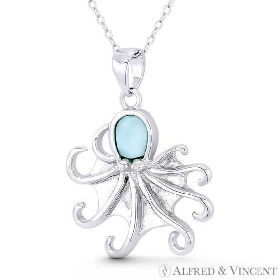 Octopus Ocean Sealife Charm Created Chalcedony 31x24mm (1.2x0.9in) Pendant & Chain Necklace in .925 Sterling Silver w/ Rhodium