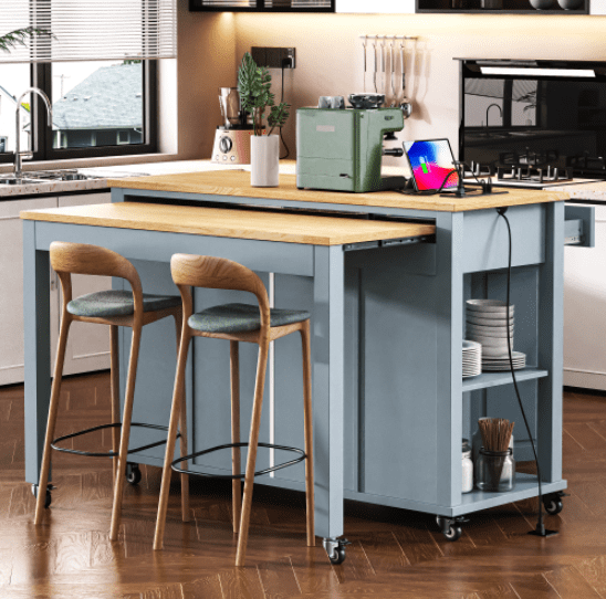 Euroco 47 inch Kitchen Island with Extendable Dining Table, Rubber Wood Veneer Kitchen Table with Internal Storage Rack