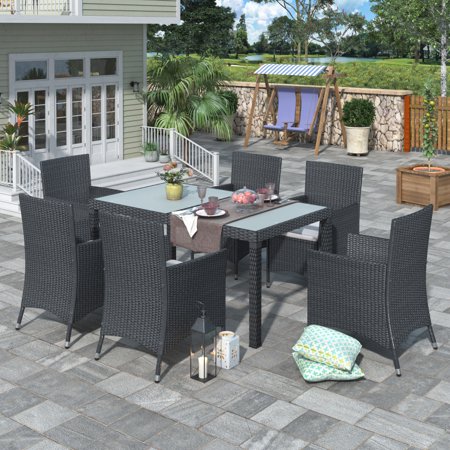 7-piece Outdoor Wicker Dining set - Dining table set for 7 - Patio Rattan Furniture Set with Beige Cushion (Black) 25AAB