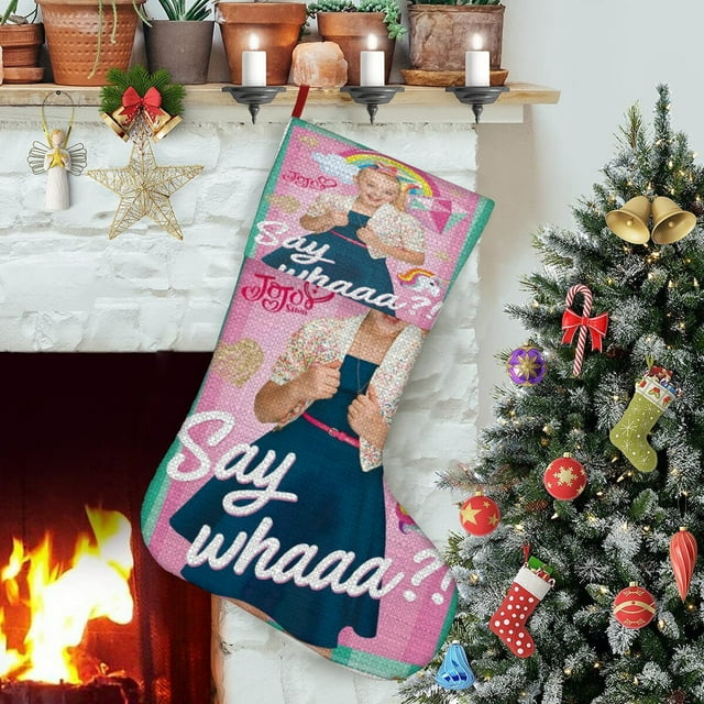 JOJO Siwa Tema: Calcetines de Navidad, fino lino blanco para colgar en escaleras y chimenea, decoración navideña para el hogar, regalo de Navidad.54cm×38cm