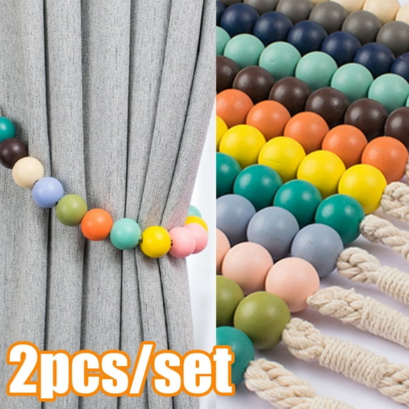 Travelwant 2Pcs Wood Bead Curtain Tieback Bead Curtain Rope Tie Farmhouse Beaded Curtain Holder Boho Curtain Tie Holdback Decorative Curtain Drape Tie with Hooks for Home Wall