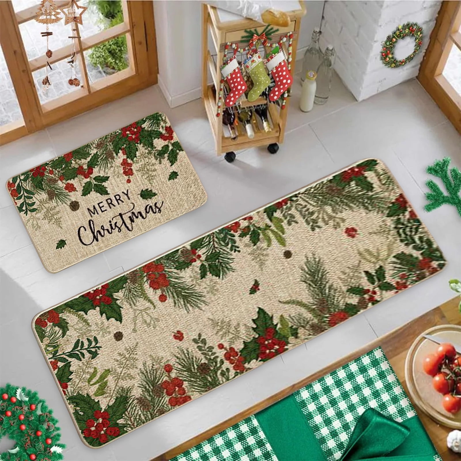Horivan 2PCS Christmas Kitchen Rugs and Mats Non Slip Waterproof Holiday Floor Decor for Sink Front and Entryway Festive Home Kitchen Accessories