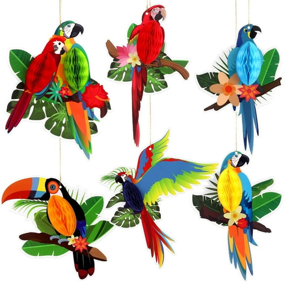 6Pcs Tropical Birds Honeycomb Cutouts - Jungle Party Decor, Hawaiian Theme