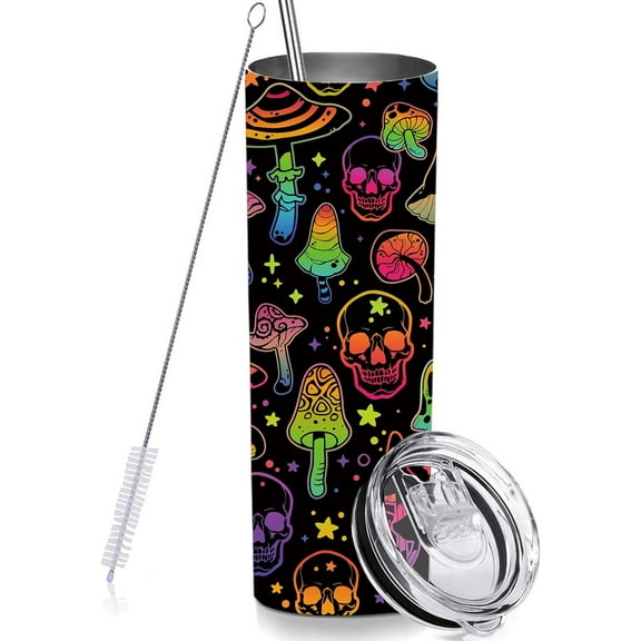 Colorful Skull Skinny Tumbler Cup with Straw Lid, 20 OZ Stainless Steel Insulated Vacuum Halloween Mushroom Slim Travel Coffee Mug