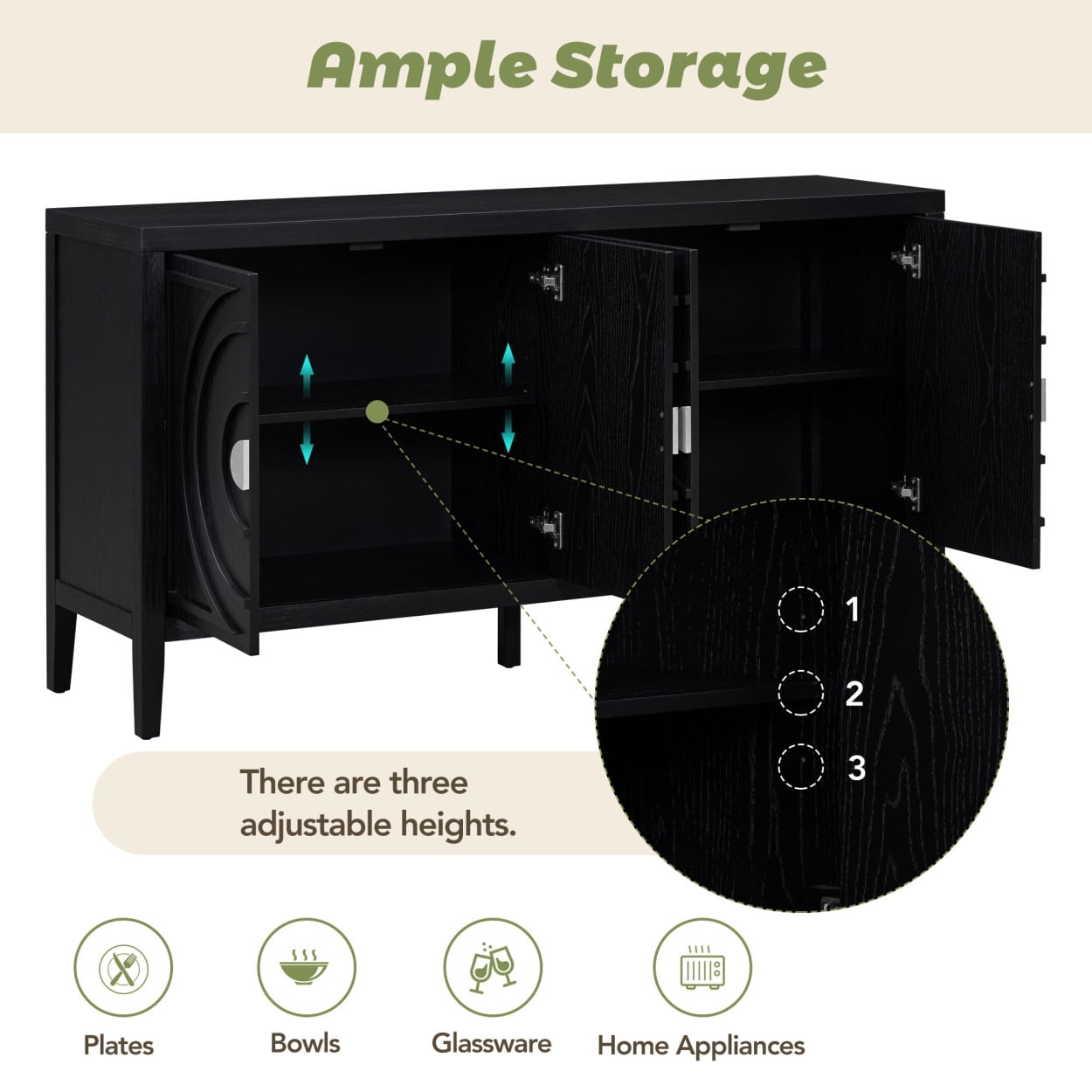 Retro Console Table, Modern Buffet Sideboard with 4-Doors and Adjustable Shelves, Entryway Sofa Table with Circular Groove Design and Metal Handle for Living Room Bedroom Hallway, Black