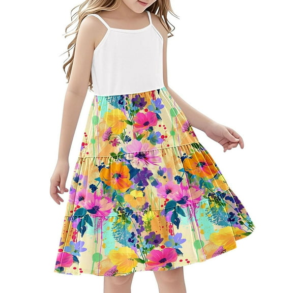 FamilyThread FamilyThread Girls Boho Strape Summer Sundress Sleeveless Dress Tiered Cami Dress with Ethnic Print Perfect for Beach Casual Dress 4-14Y