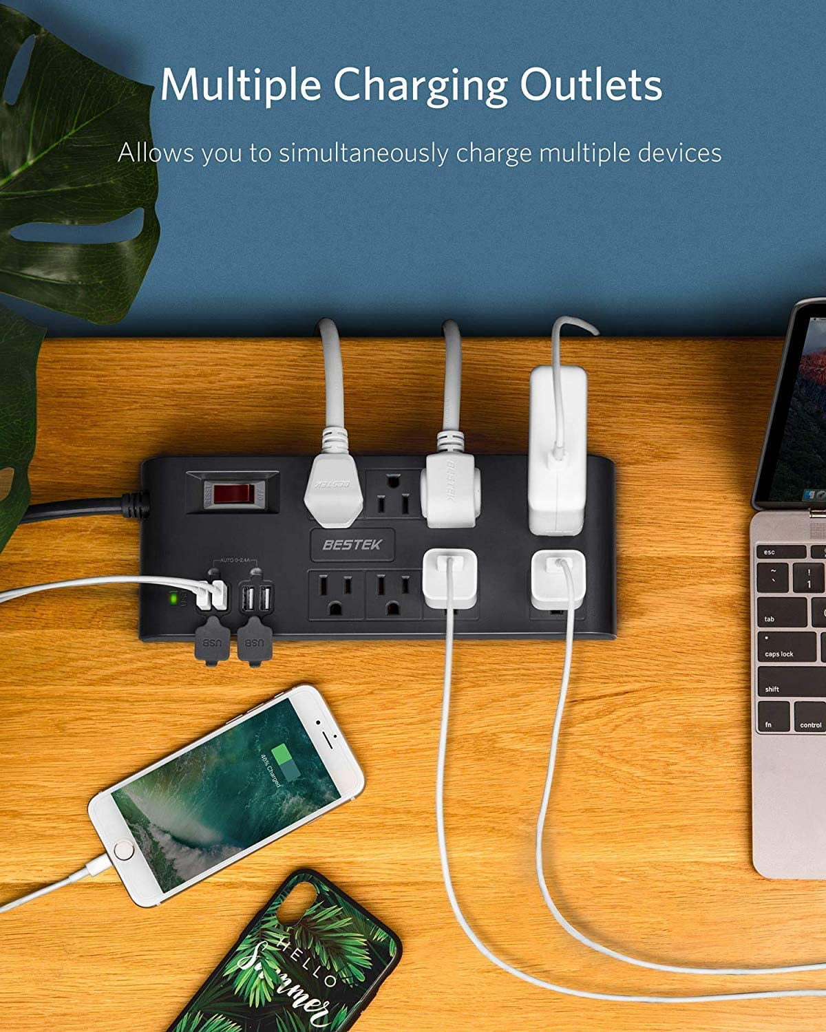 BESTEK Power Strip Surge Protector with USB, Multi Plug Outlet with 8-Outlet 3 USB-A 2.4A 1USB-C 3A and 6-Foot Long Flat Plug Extension Cord,900Joule, ETL Listed(Black)