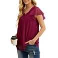 thumbnail image 4 of JWD women's short sleeved double-layer mesh pleated shirt summer fashion casual top Wine Red-M, 4 of 6
