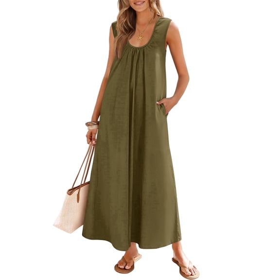Merokeety Womens Summer Dresses Boho Ruched Tank Dress With Side Pockets ArmyGreen m