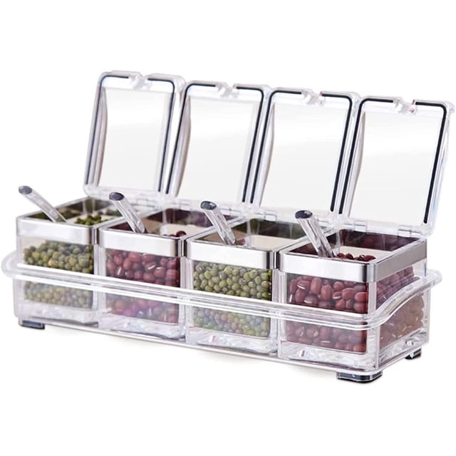 KITCHEN Gourmet Caja hermética de acrílico para condimentos - Contenedor y estuche de acrílico puro de primera calidad - Anillo de acero inoxidable