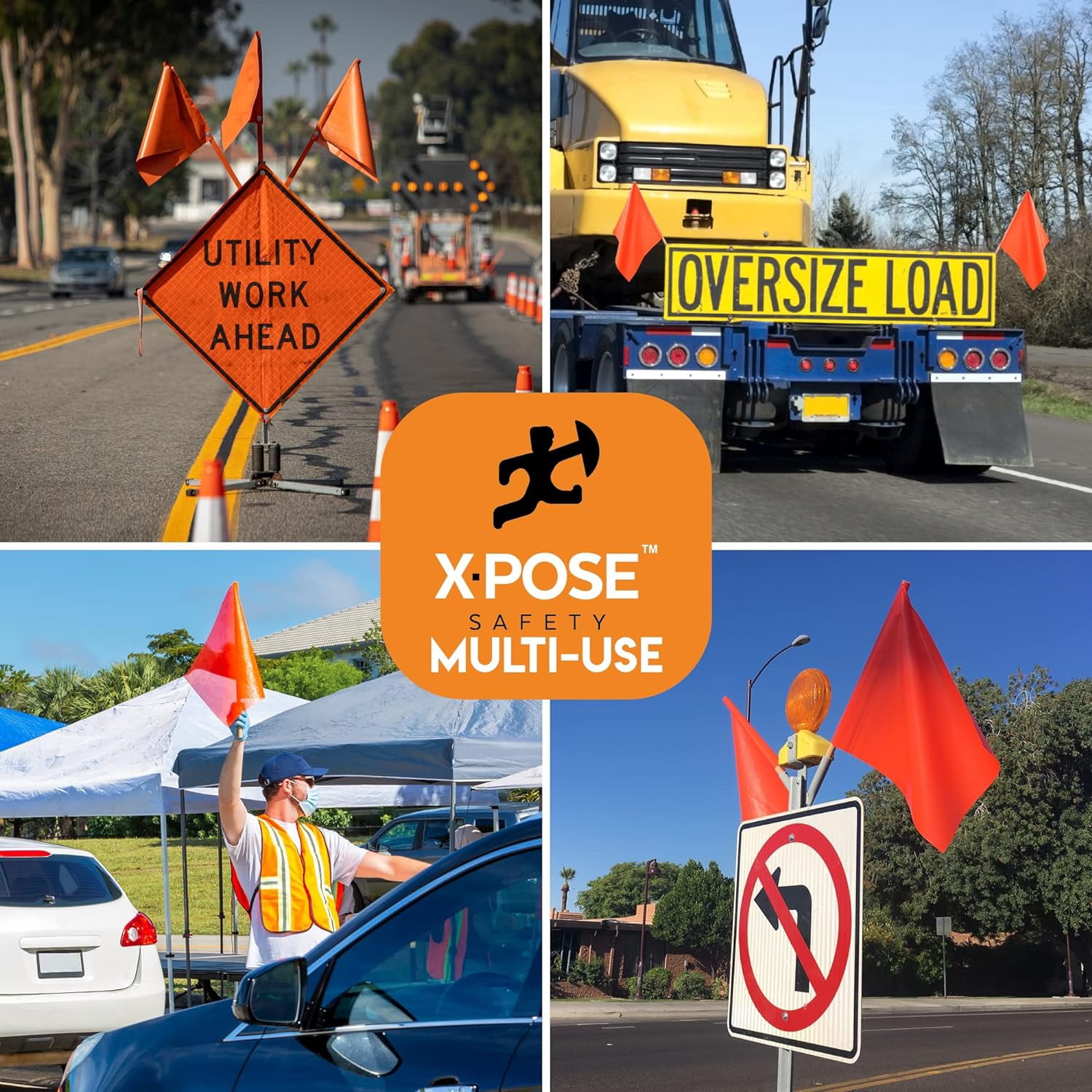 Orange Safety Flags - 18" x 18" Orange Warning Flag with 24" Wood Staff - Pack of 12 - Square Safety Flag - Oversize Signs and Flags - Wide Load Flags - Caution Flags for Roof - Oversized Load Flag -