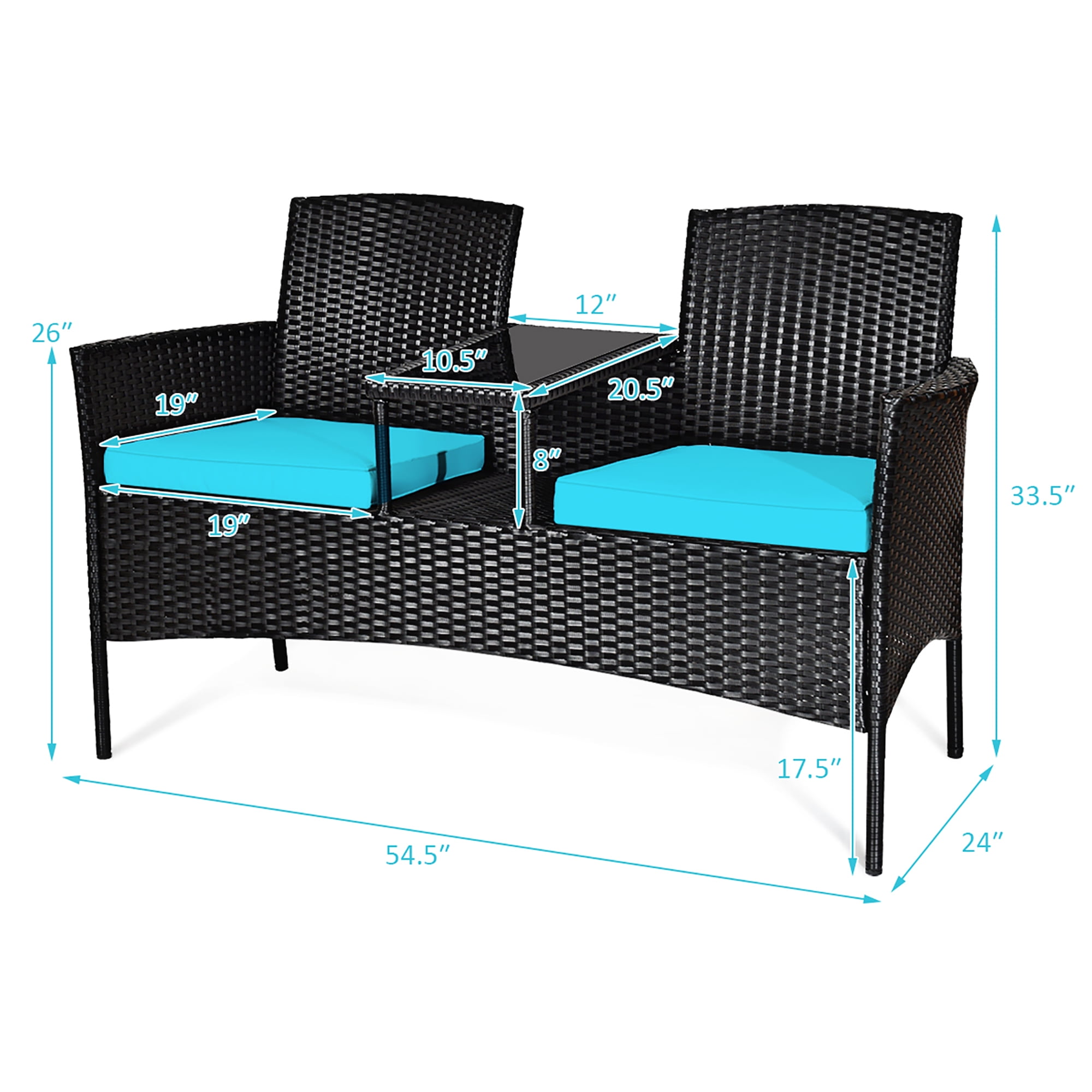 Costway Patio Rattan Conversation Set Seat Sofa Cushioned Loveseat Chairs Turquoise