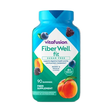 vitafusion Fiber Well Fit Sugar Free Gummy Vitamins Supplement, Berry and Peach Flavor, 90 Count