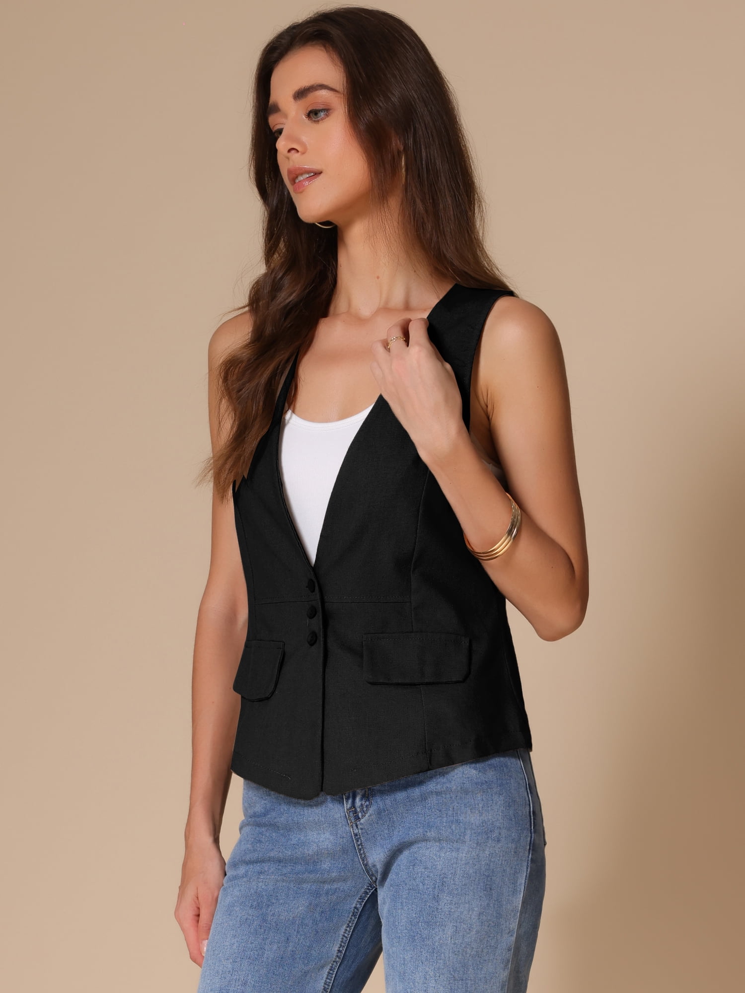 DARING DIVA Womens Linen Vest Loose Sleeveless Blazer Lightweight Jacket L Black