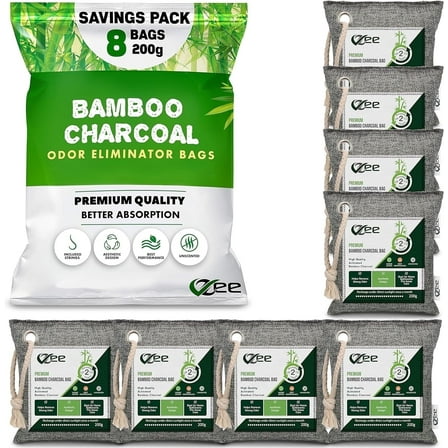 Bamboo Charcoal Air Purifying Bags, Unscented, Large, 8 Count- 200 G Each. Odor and Moisture Absorbing