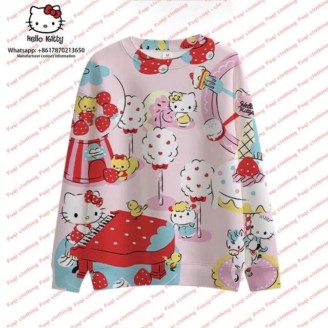 Hello Kitty Chandail Col Rond Imprimé Automne Manches Longues Dessin Animé Décontracté