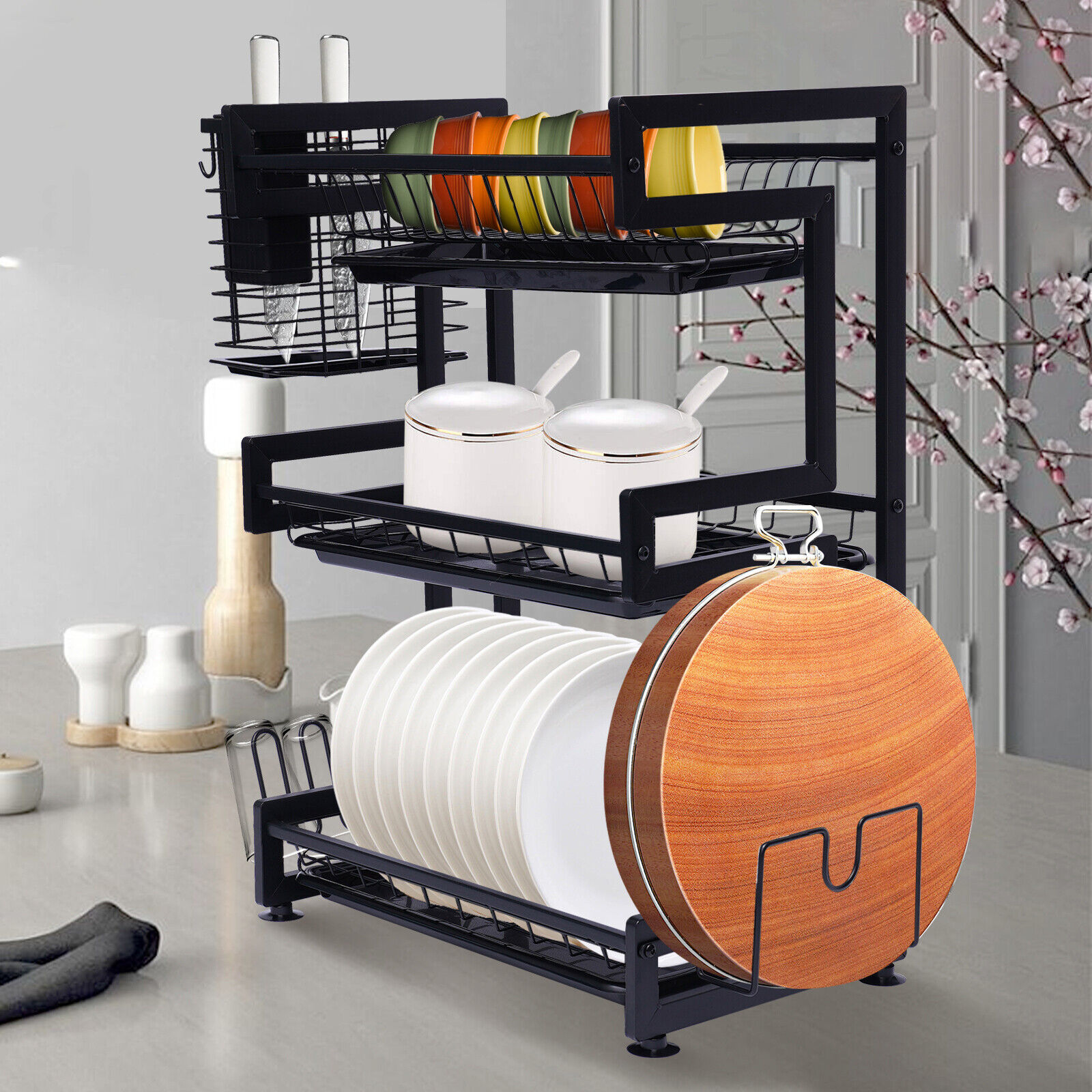 3 Tiers Black Dish Drying Rack Large Capacity RustResistant Dish