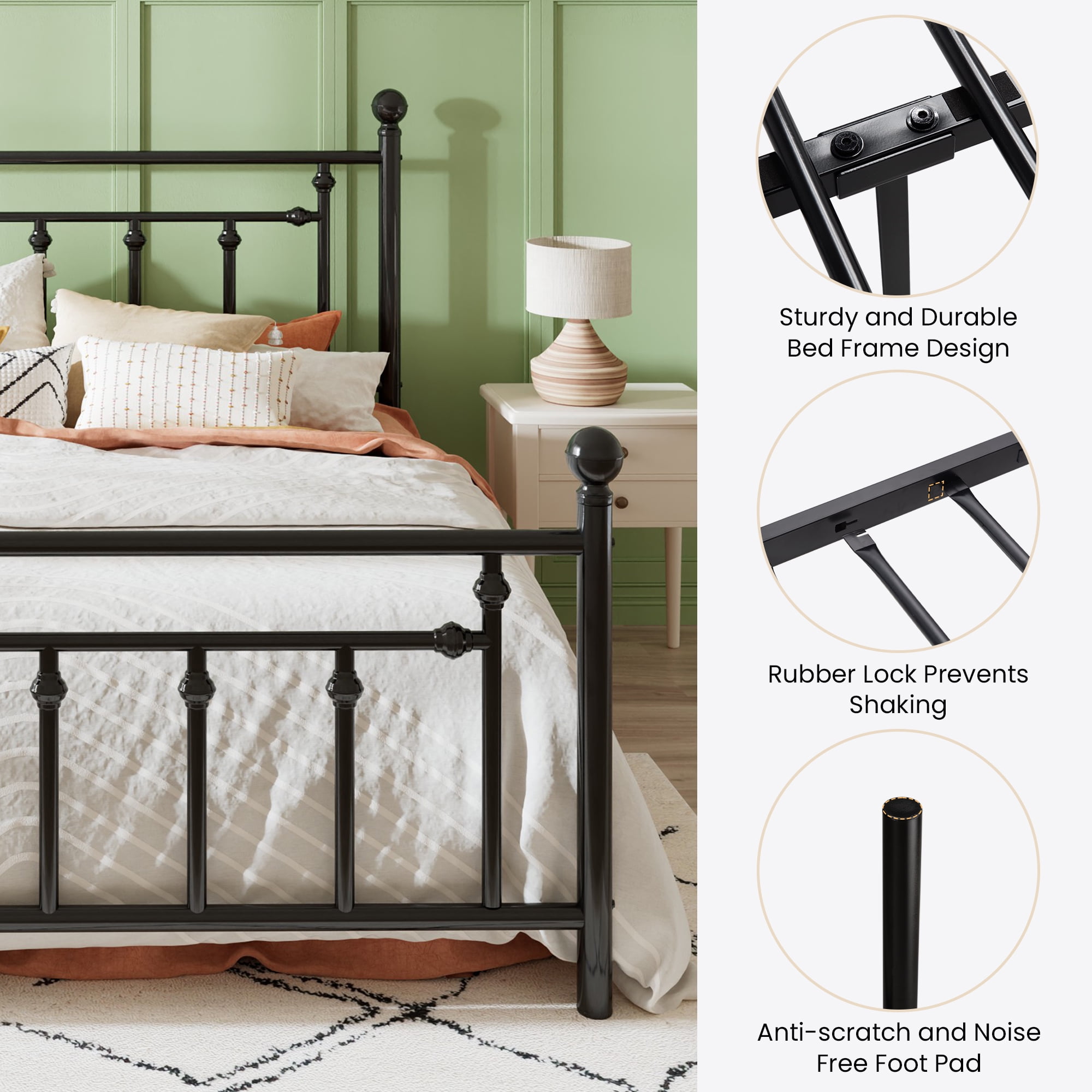 Sha Cerlin Black Queen Size Metal Platform Bed Frame with Victorian Vintage Headboard & Footboard, Adult