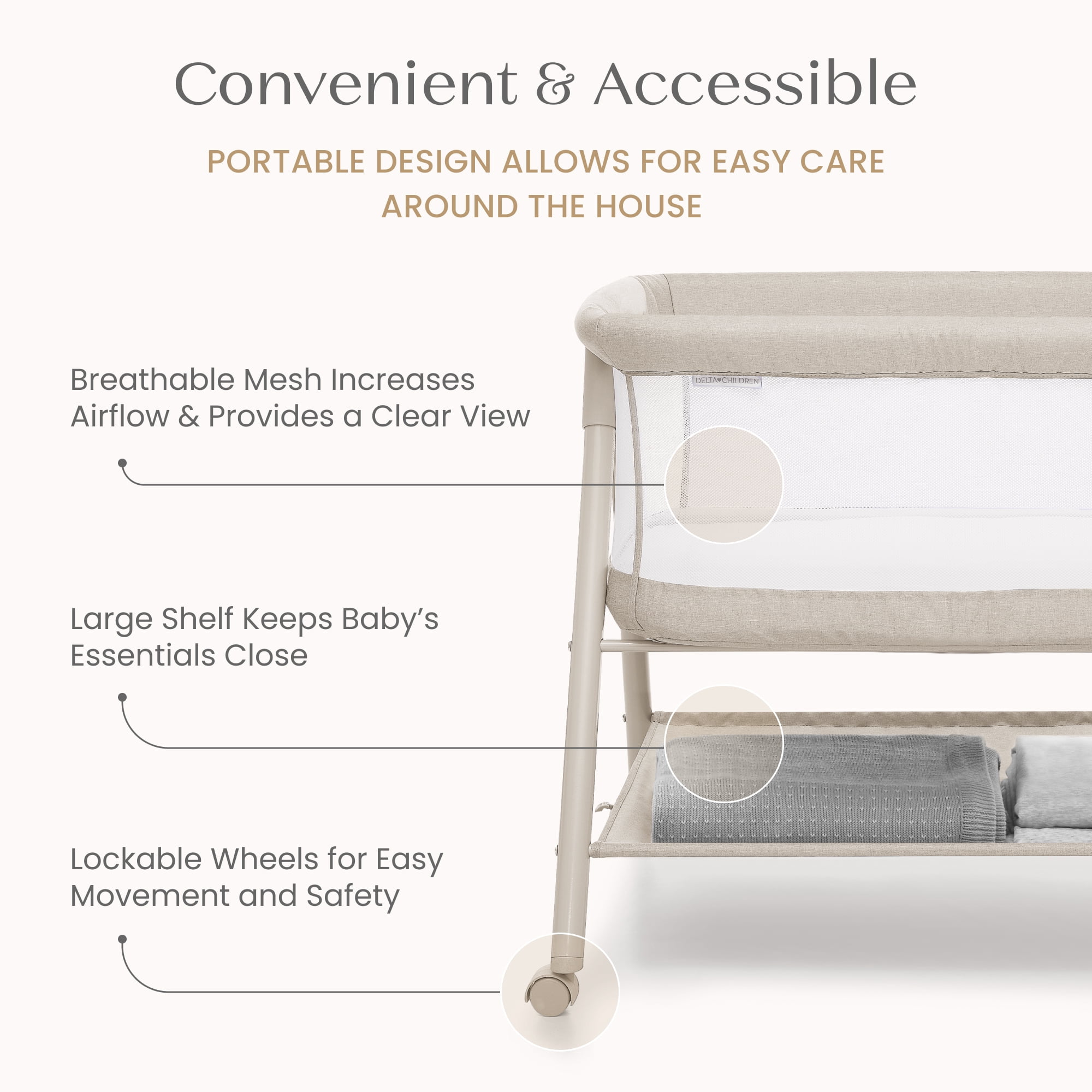 Delta Children Haven AirFlow Bassinet with Breathable Mesh and Wheels, Tan