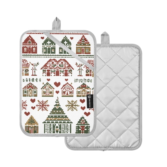 Yayeee Pot Holders Kitchen Heat Resistant with Pocket 7"x9.8" Cotton Oven Cooking Hot Pads, Green Nordic Style Christmas House