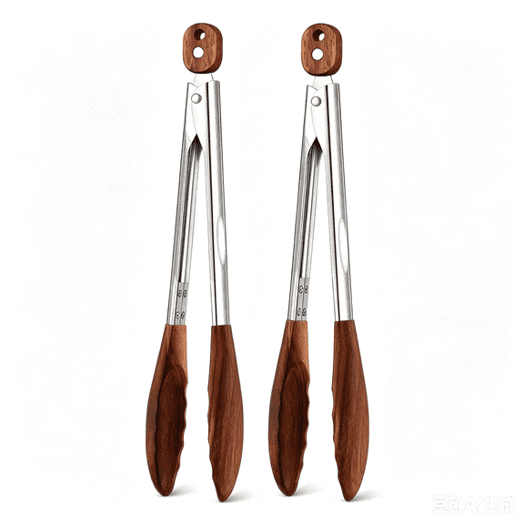 Set of 2 Wooden Kitchen Tongs, 9 inch Natural Walnut Cooking Tongs with Pull Lock, Heat Resistant Non-Slip Grips for Grilling, BBQ and Food Serving