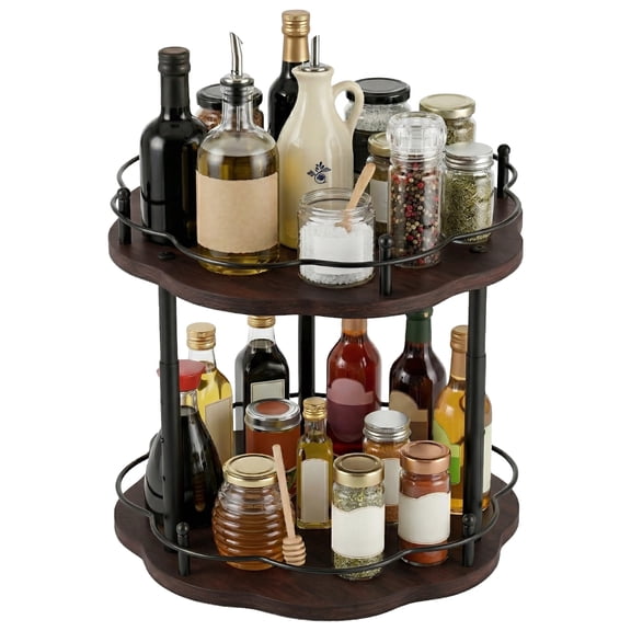 Wood Double-Tier Lazy Susan Organizer, 12.99 in Rotating Spice Rack with Adjustable Upper Tray, 360° Turntable for Kitchen Countertop Organization, Cosmetic Storage, Pantry
